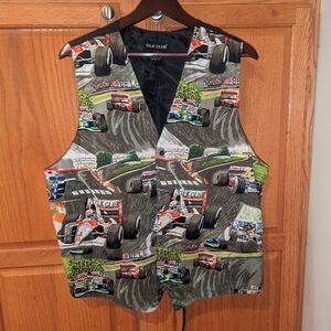Vintage Silk Club Race Car Racing Multicolor 100% Pure Silk Vest Men size L Larg